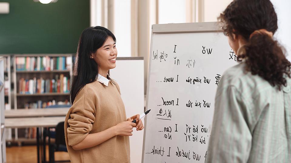 Two students look at a whiteboard with foreign writing.